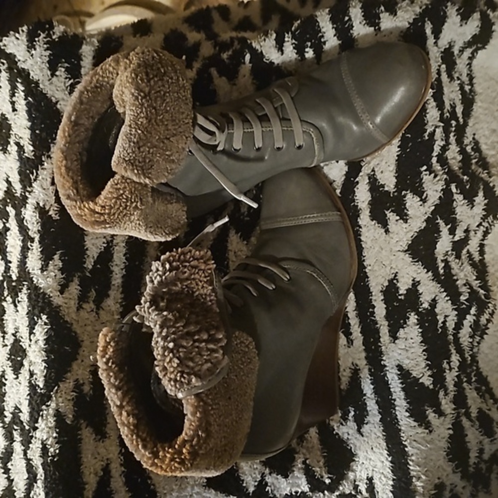 Barbara Bui Shearling Foldover Lace Up Leather Wedge Booties